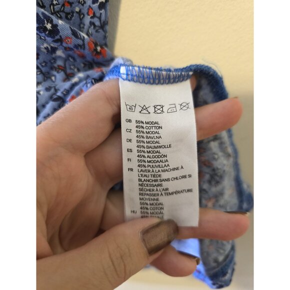 Blue Floral Top Cottage Garden Round Neck Ruffle Sleeves Peasant Blouse Sz S - Picture 7 of 8